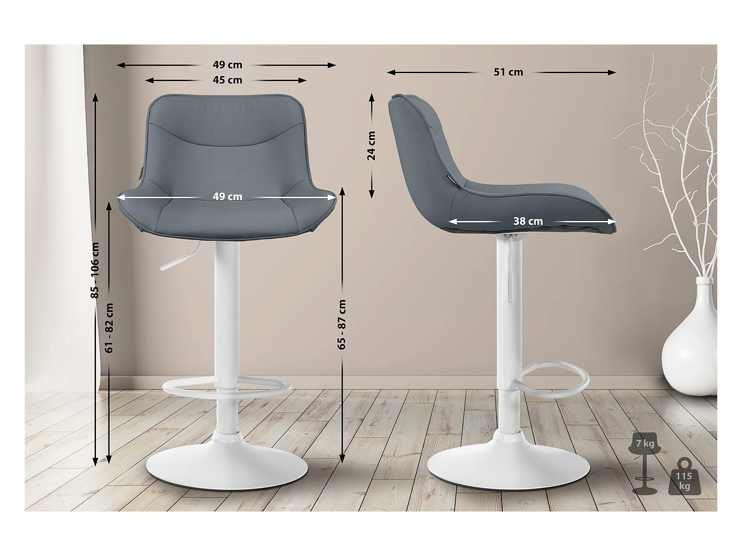 Lot de 2  Tabouret de bar - Similicuir & Blanc - Gris - Vonore