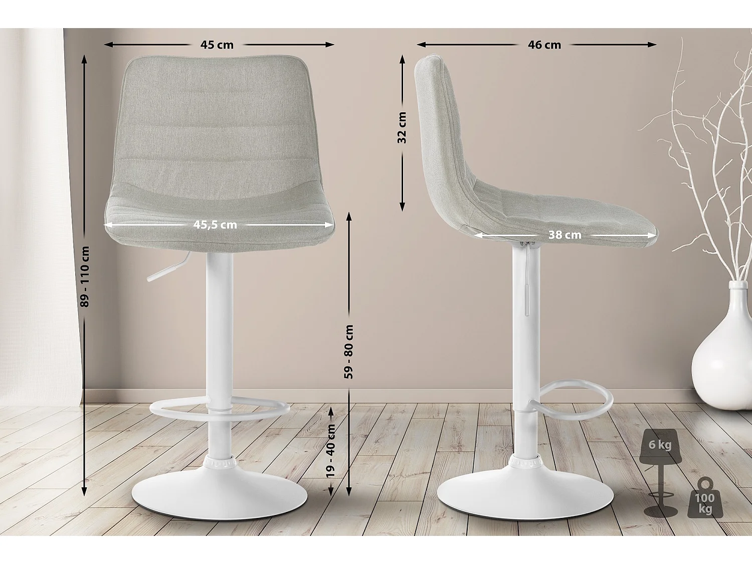 Lot de 2  Tabouret de bar - Tissu - Crème - Lex