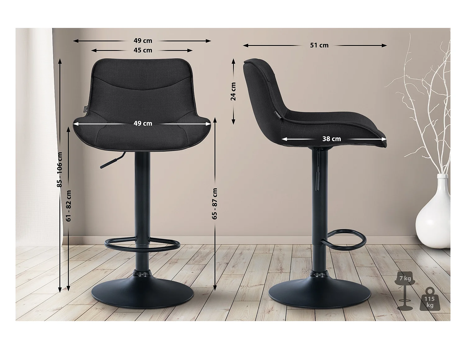 Lot de 2  Tabouret de bar - Tissu & Noir - Noir - Vonore