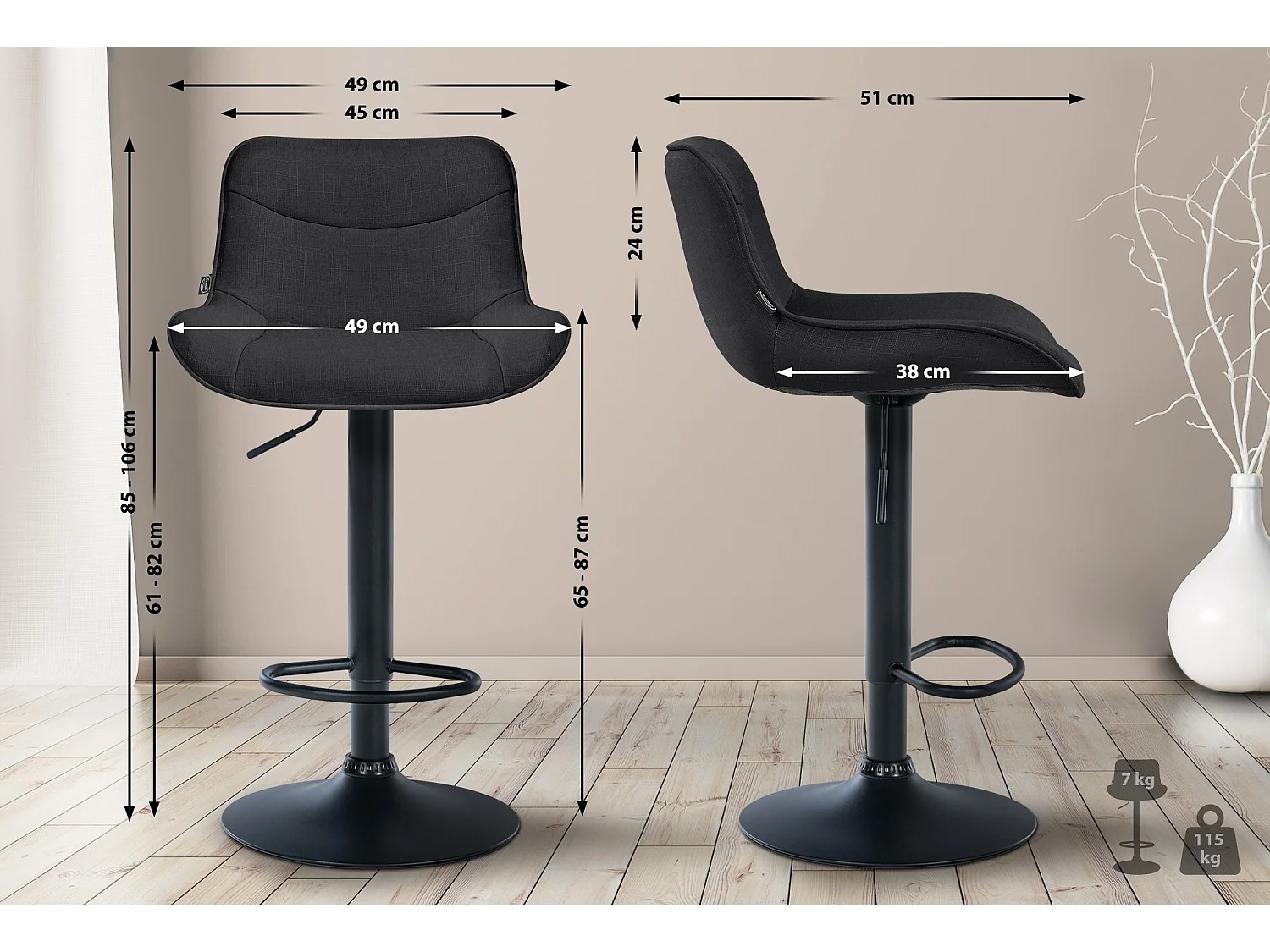 Lot de 2  Tabouret de bar - Tissu & Noir - Noir - Vonore