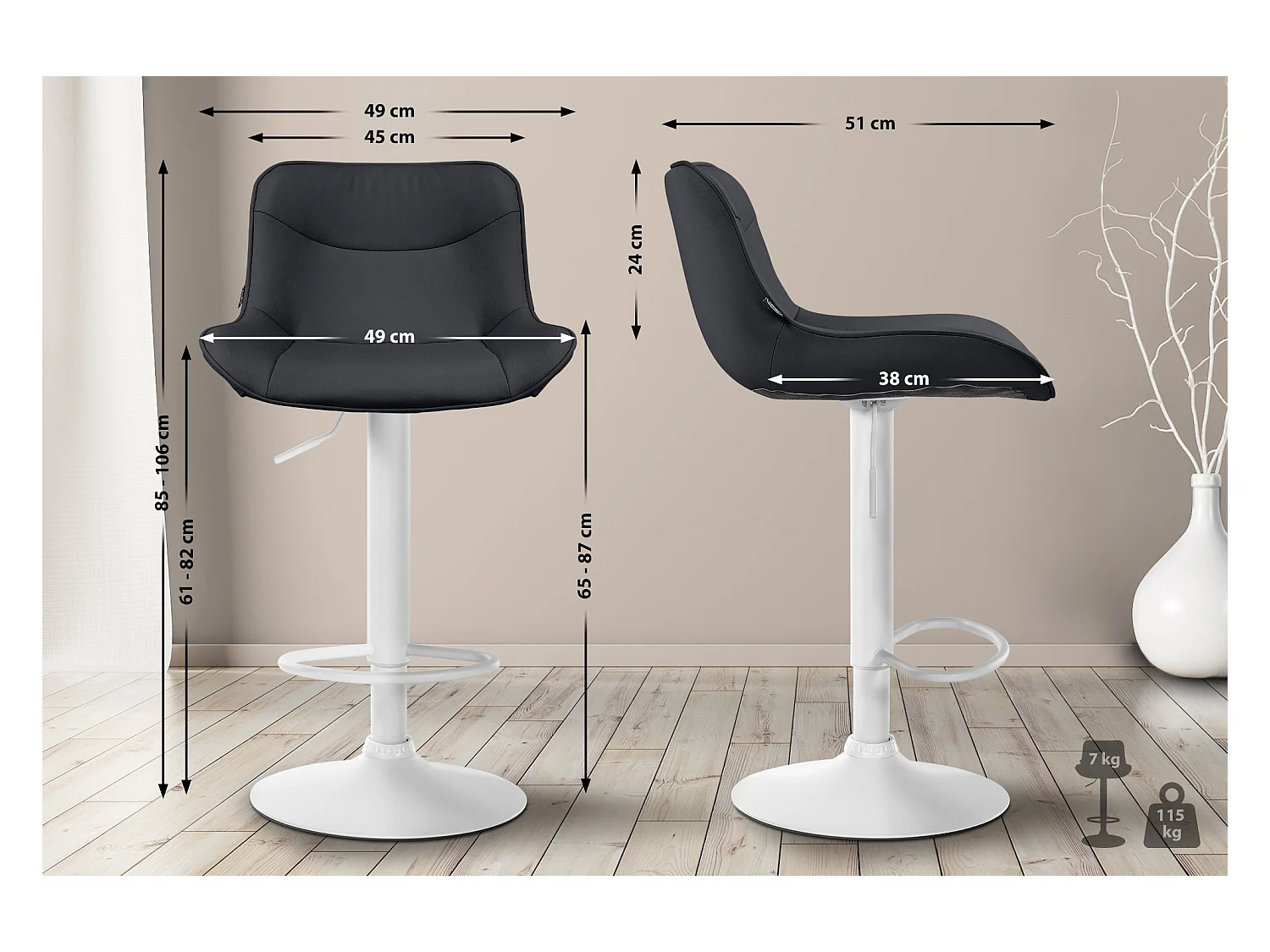 Lot de 2  Tabouret de bar - Similicuir & Blanc - Noir - Vonore