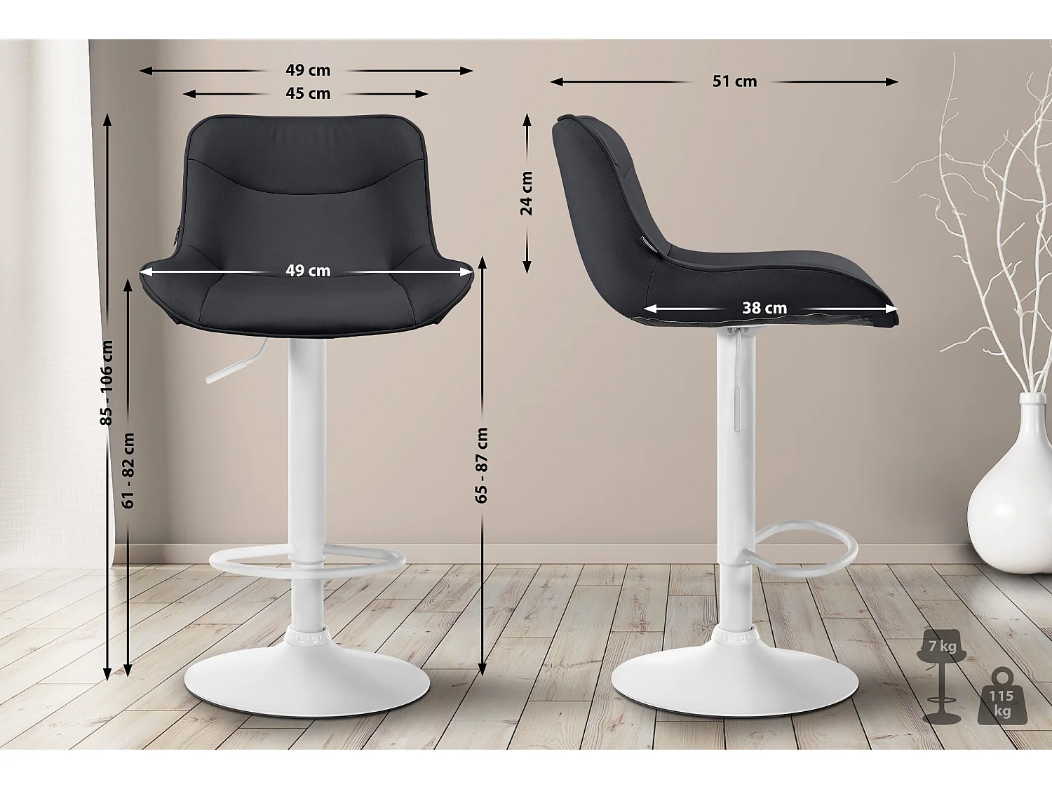 Lot de 2  Tabouret de bar - Similicuir & Blanc - Noir - Vonore