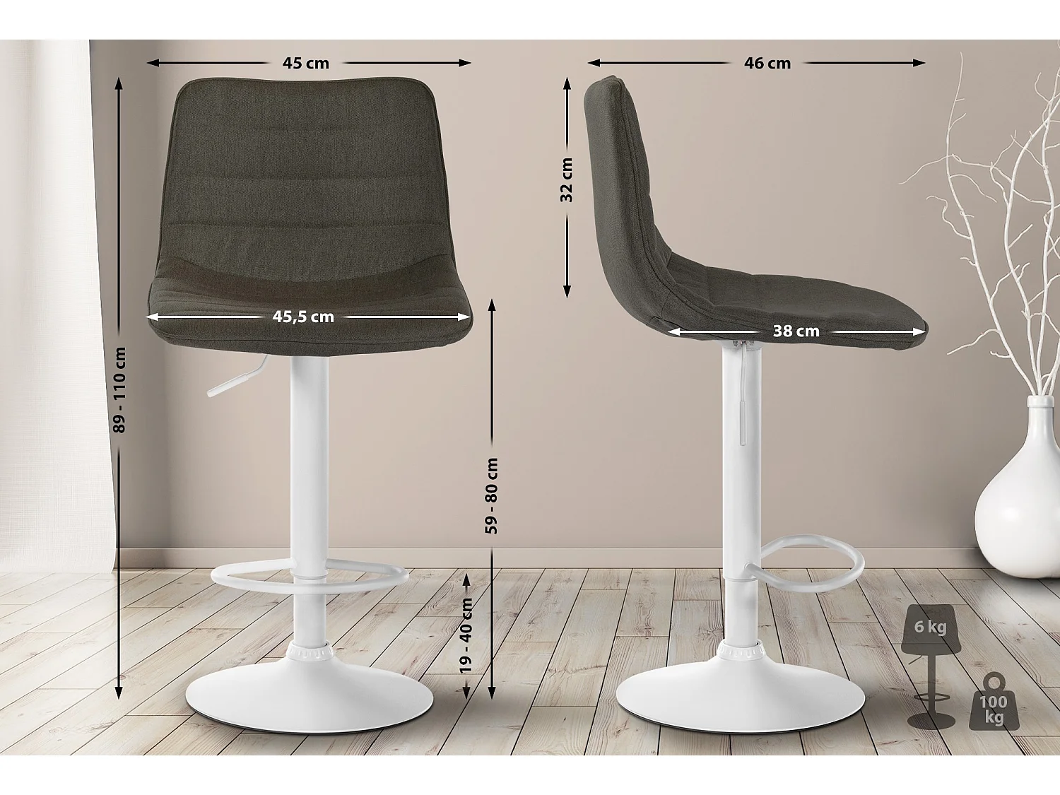 Lot de 2  Tabouret de bar - Tissu - Taupe - Lex