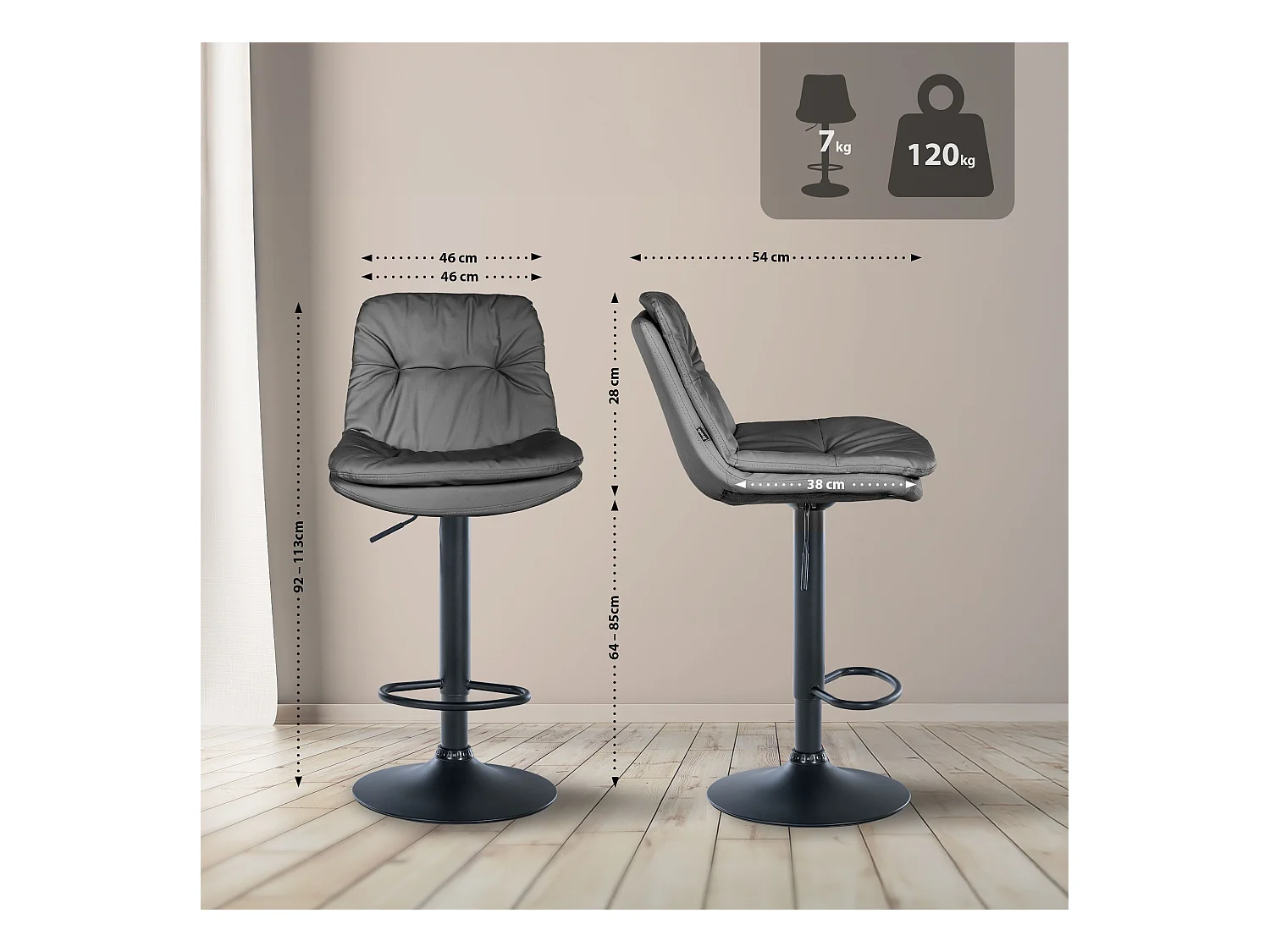 Tabouret de bar - Similicuir - Gris - Laurel