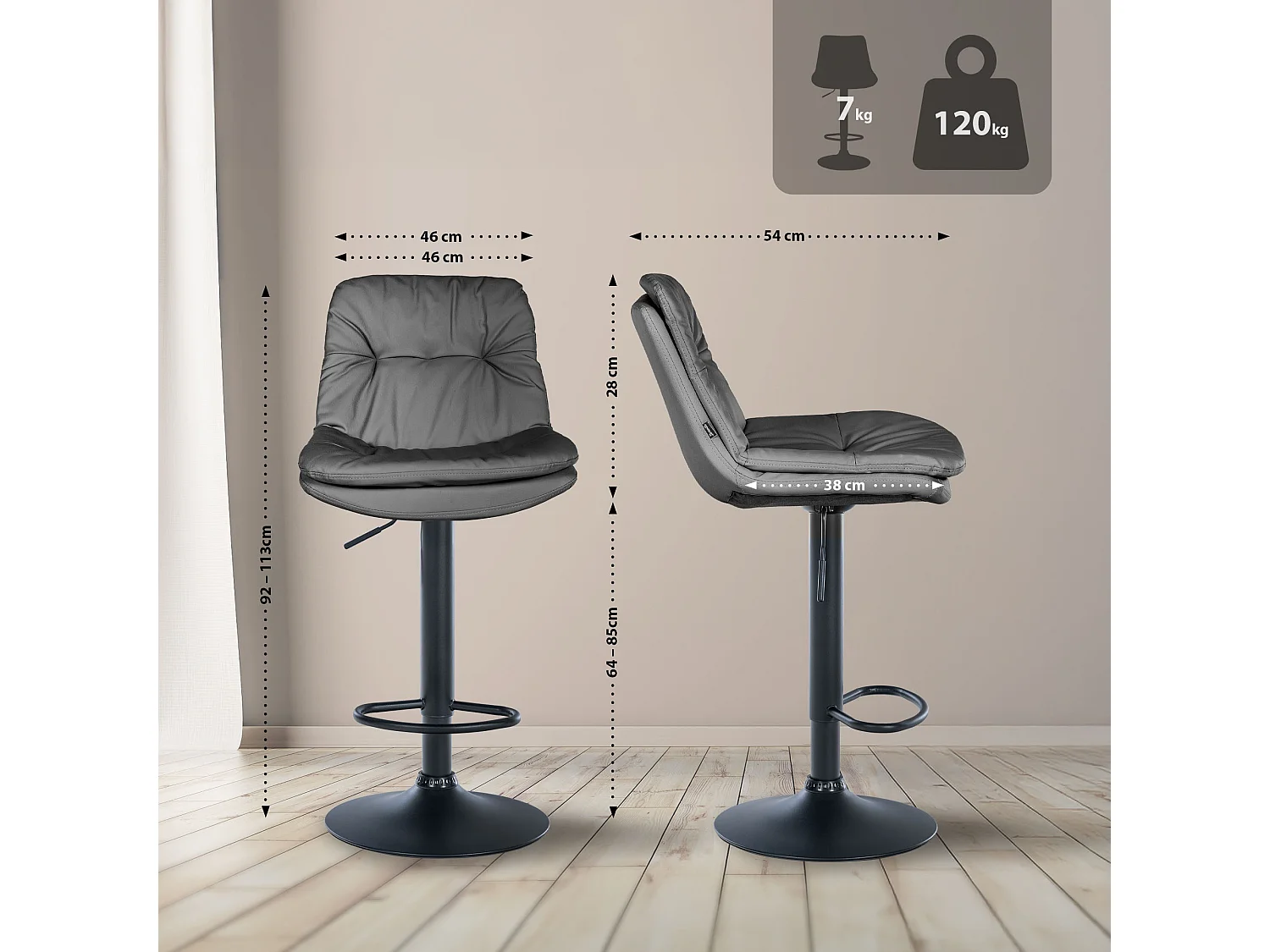 Tabouret de bar - Similicuir - Gris - Laurel