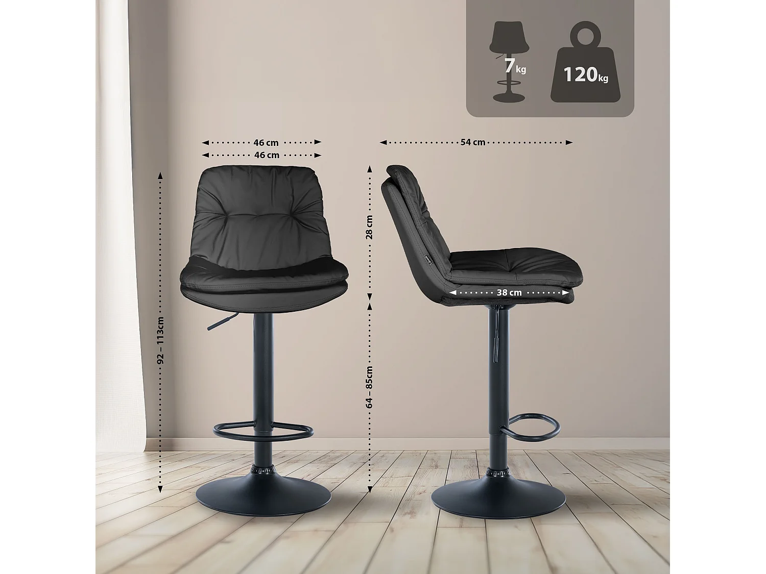 Tabouret de bar - Similicuir - Noir - Laurel