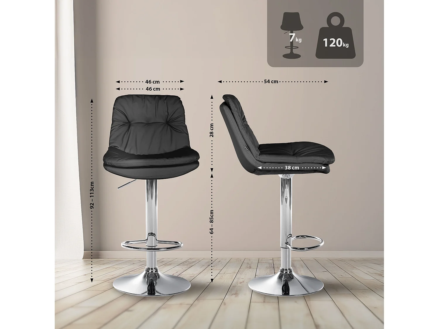 Tabouret de bar - Similicuir - Noir - Laurel