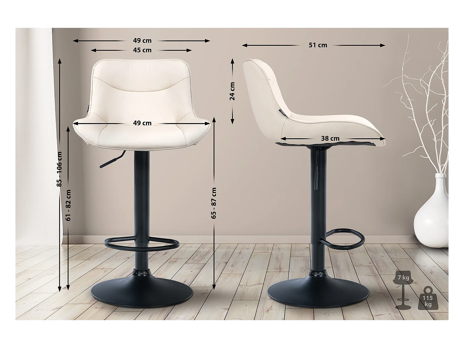Lot de 2  Tabouret de bar - Similicuir & Noir - Crème - Vonore