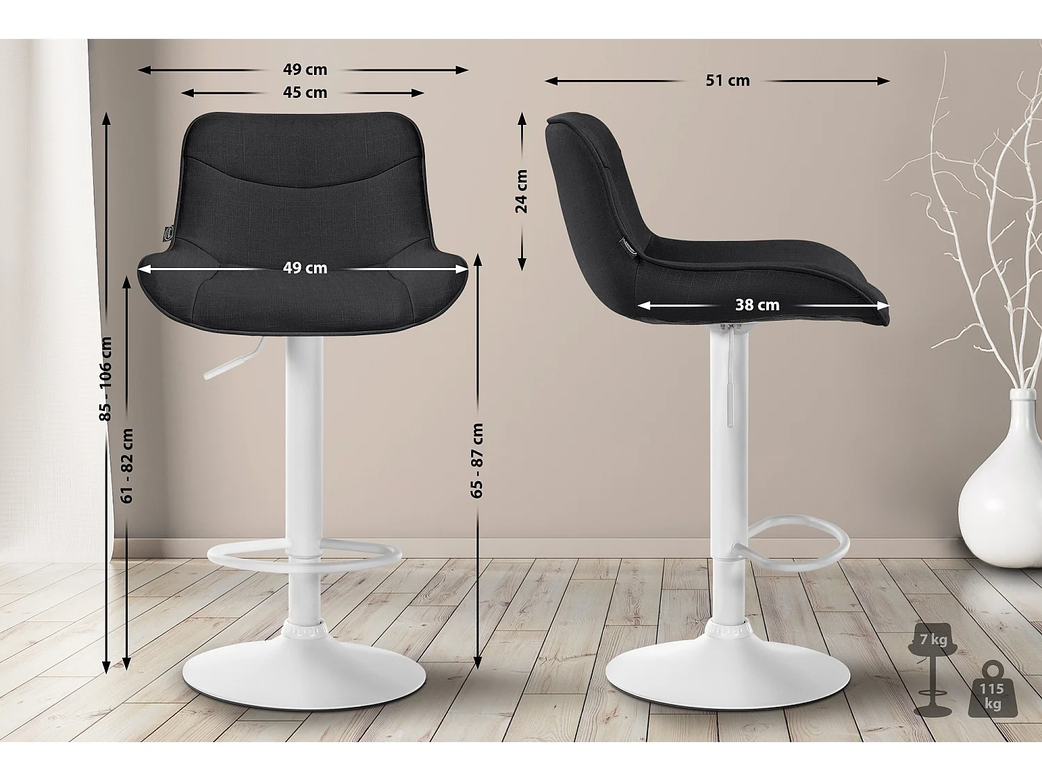 Tabouret de bar - Tissu & Blanc - Noir - Vonore