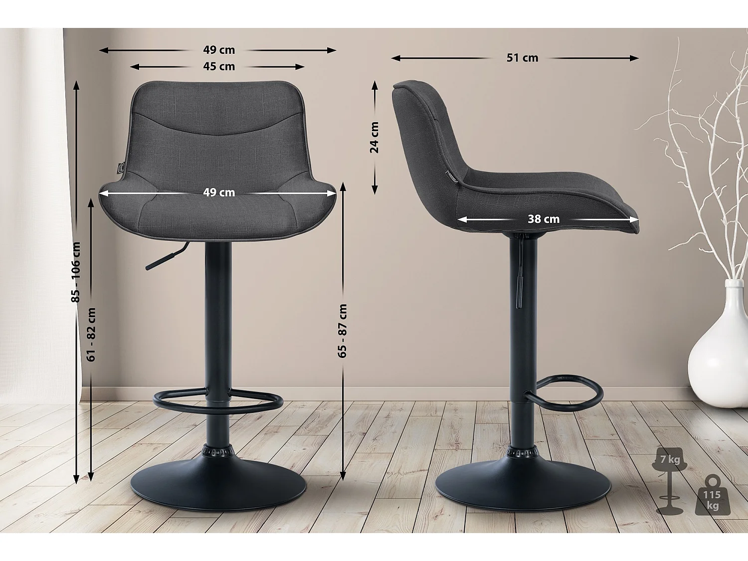 Tabouret de bar - Tissu & Noir - Gris foncé - Vonore