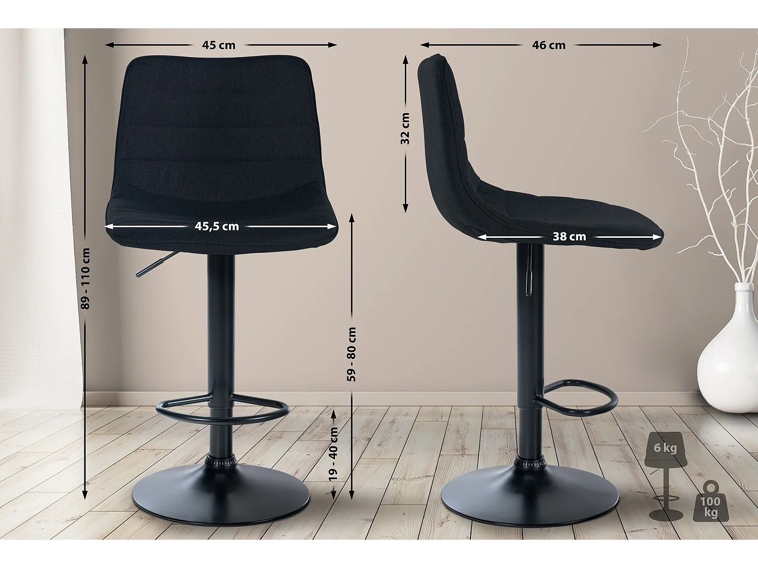 Lot de 2  Tabouret de bar - Tissu - Noir - Lex