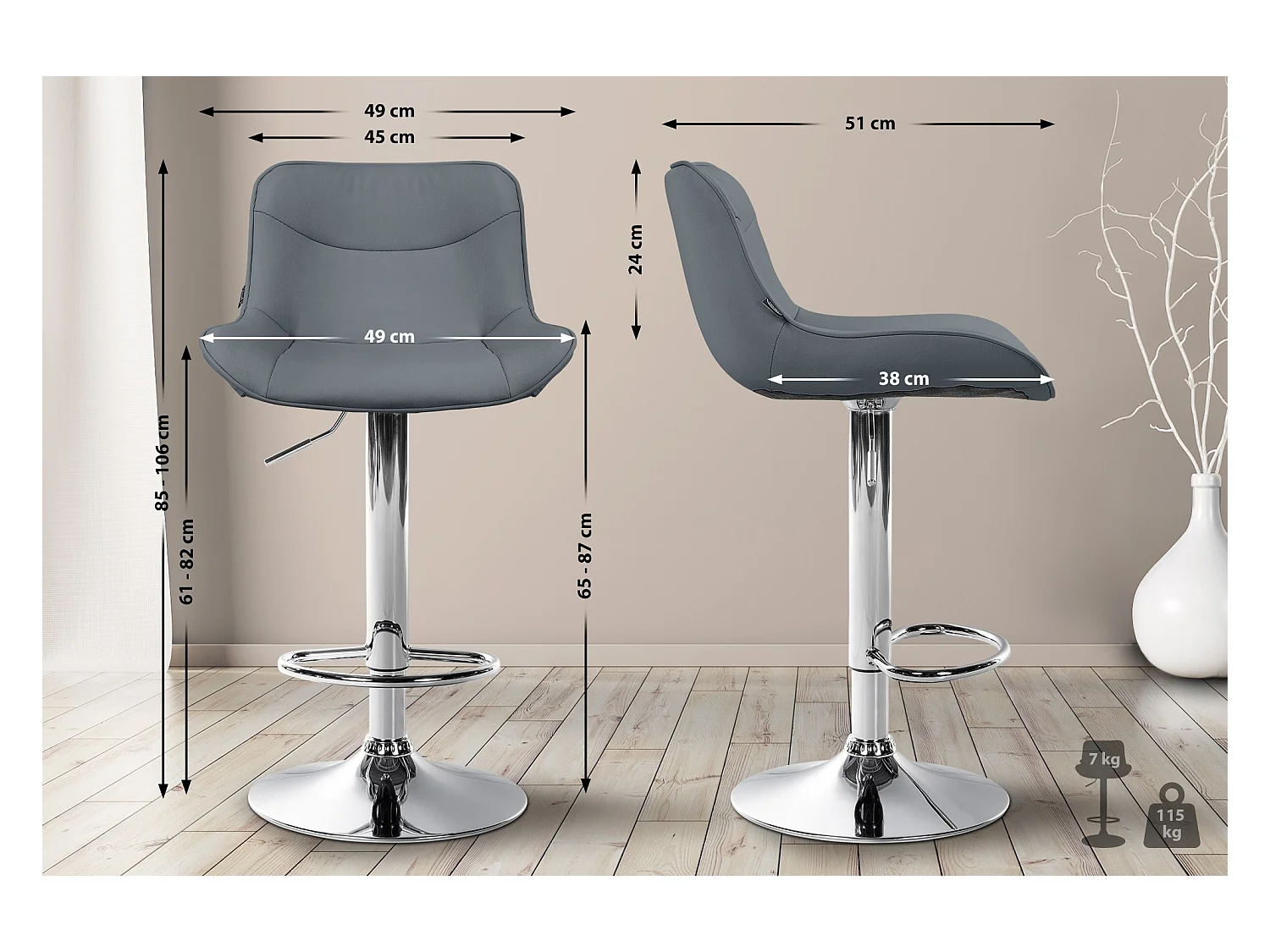 Lot de 2  Tabouret de bar - Similicuir & Chrome - Gris - Vonore