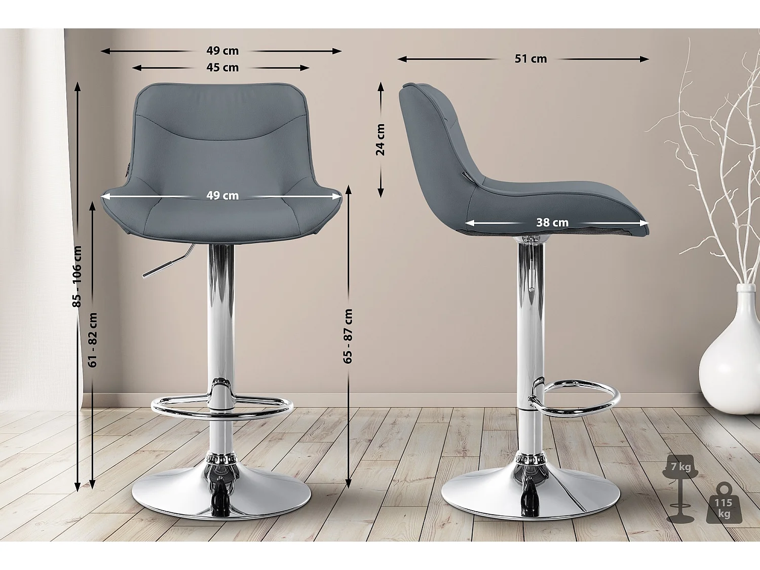 Lot de 2  Tabouret de bar - Similicuir & Chrome - Gris - Vonore