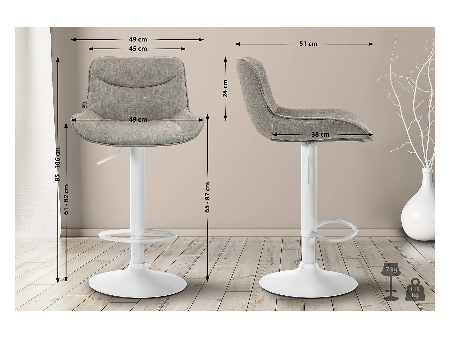 Lot de 2  Tabouret de bar - Tissu & Blanc - Taupe - Vonore