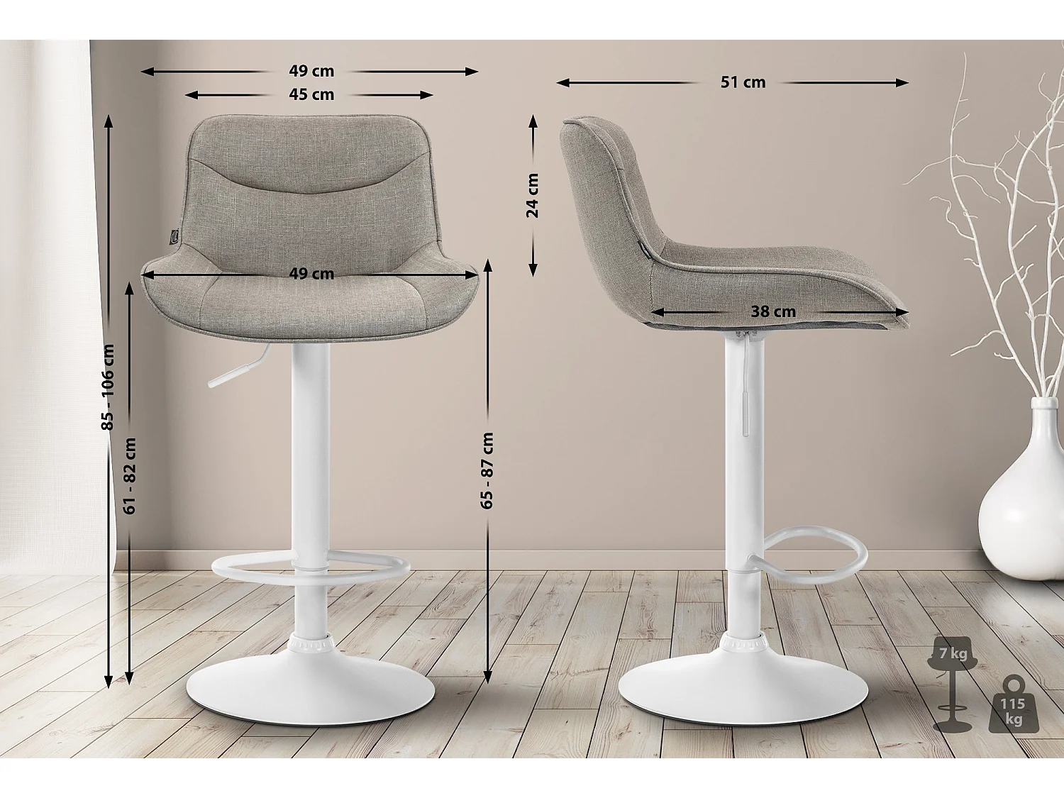 Lot de 2  Tabouret de bar - Tissu & Blanc - Taupe - Vonore