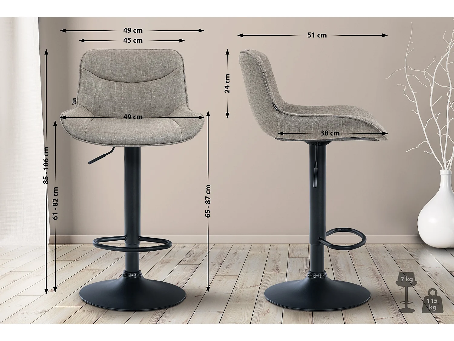 Tabouret de bar - Tissu & Noir - Taupe - Vonore