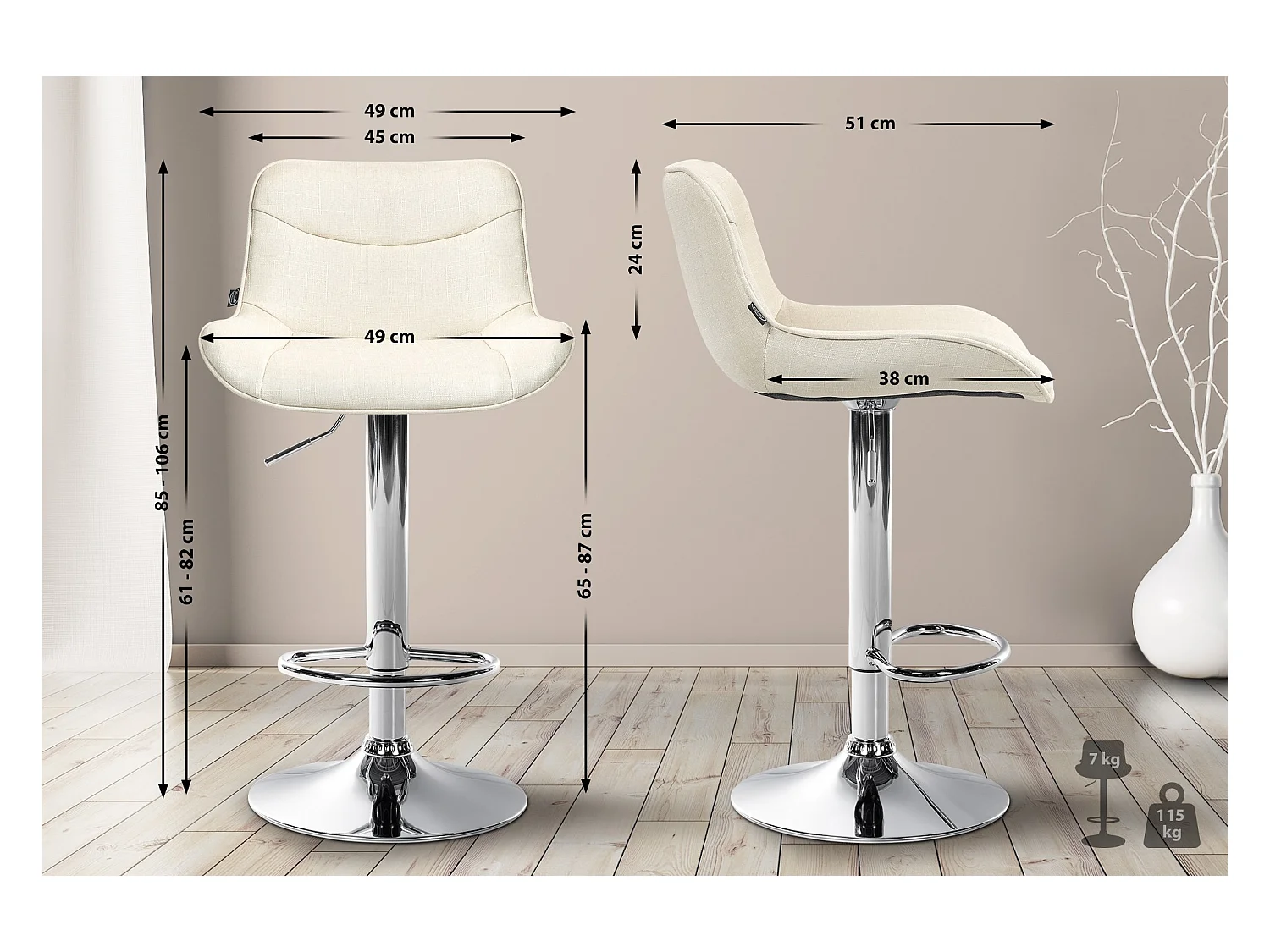 Lot de 2  Tabouret de bar - Tissu & Chrome - Crème - Vonore