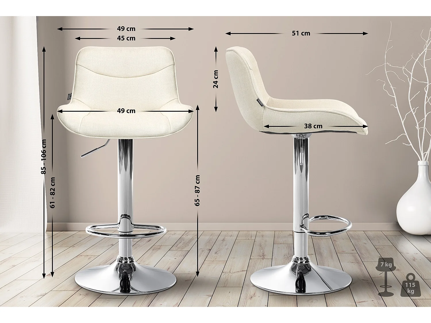 Lot de 2  Tabouret de bar - Tissu & Chrome - Crème - Vonore