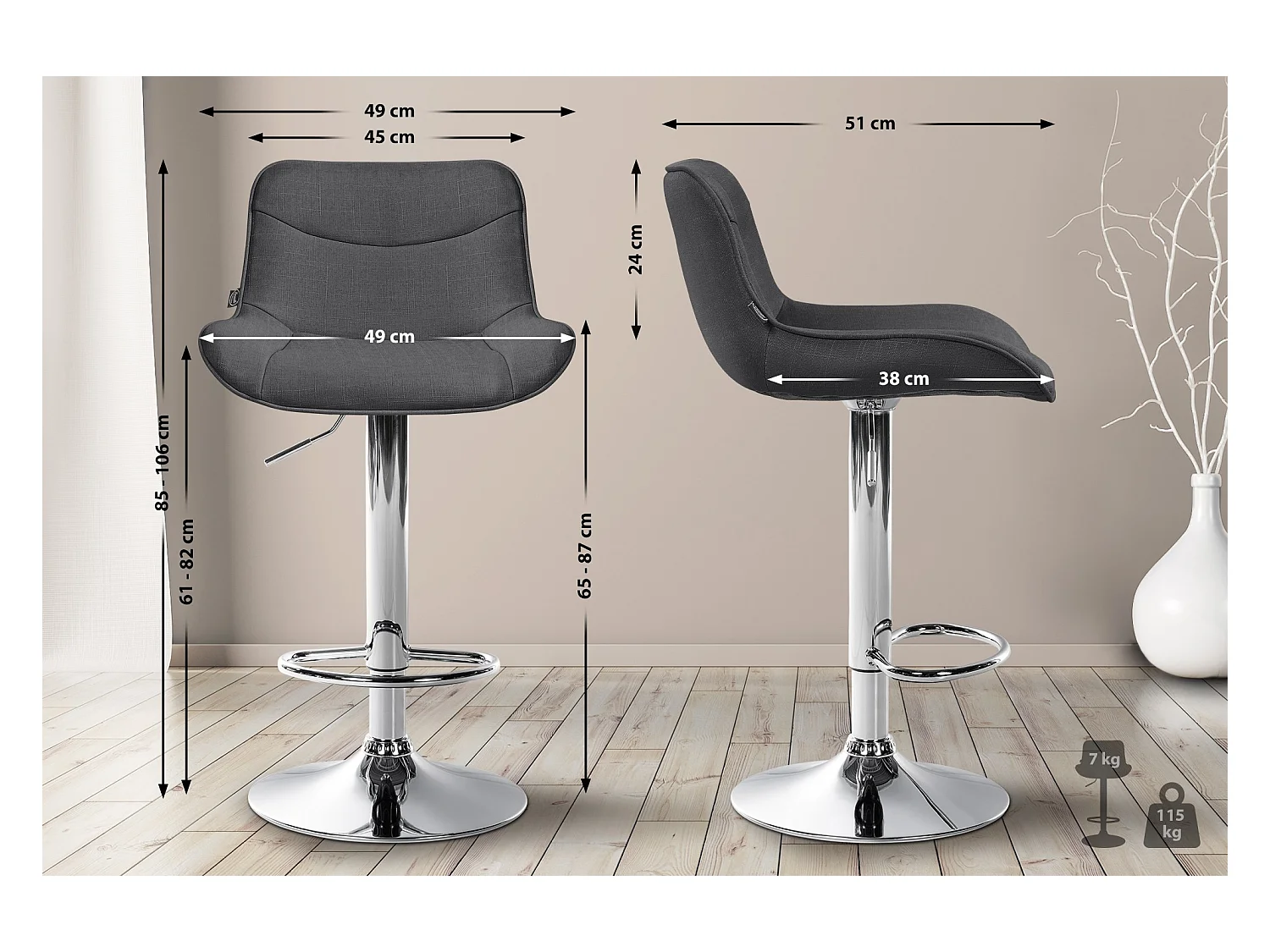 Lot de 2  Tabouret de bar - Tissu & Chrome - Gris foncé - Vonore