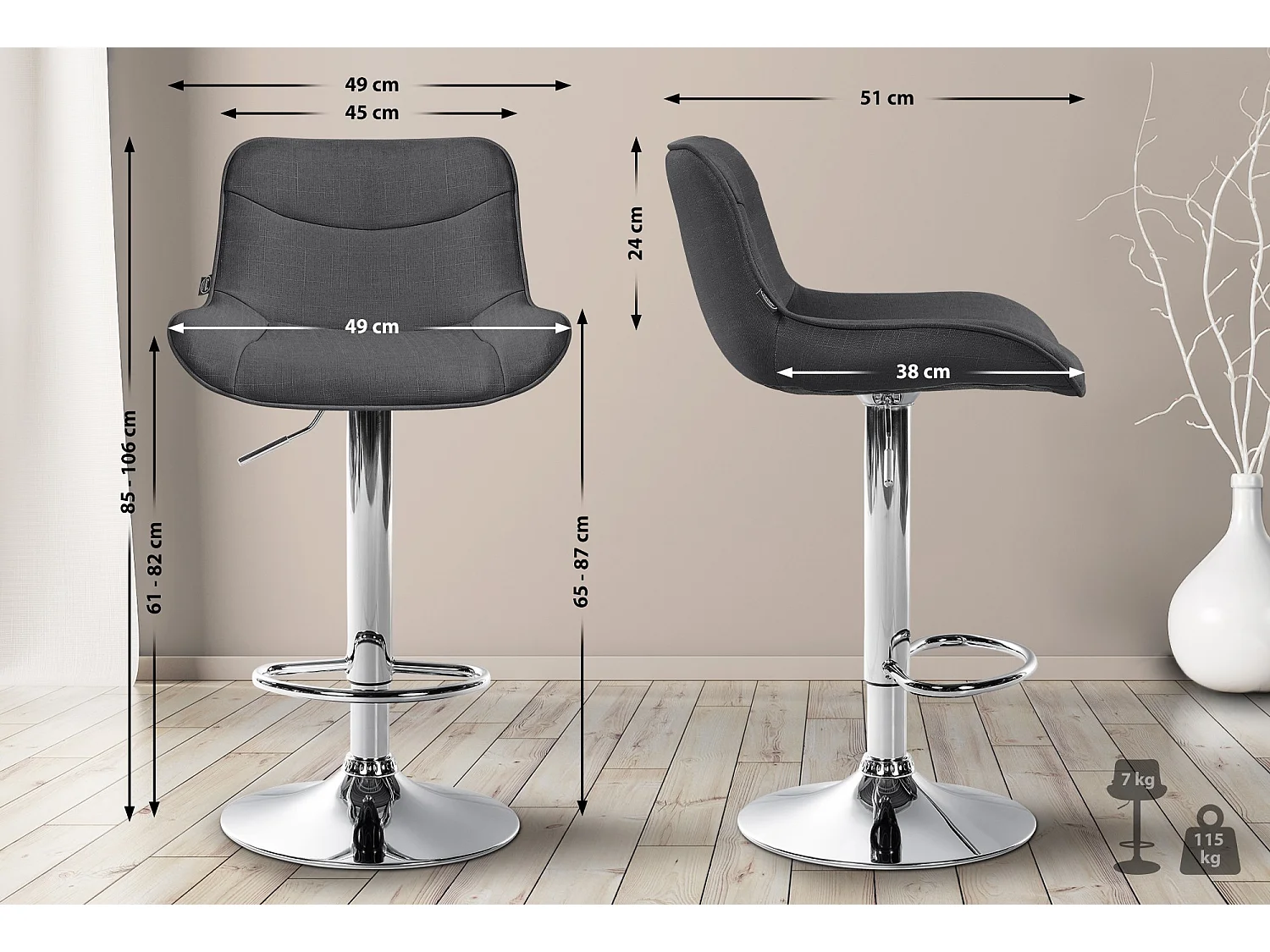 Lot de 2  Tabouret de bar - Tissu & Chrome - Gris foncé - Vonore