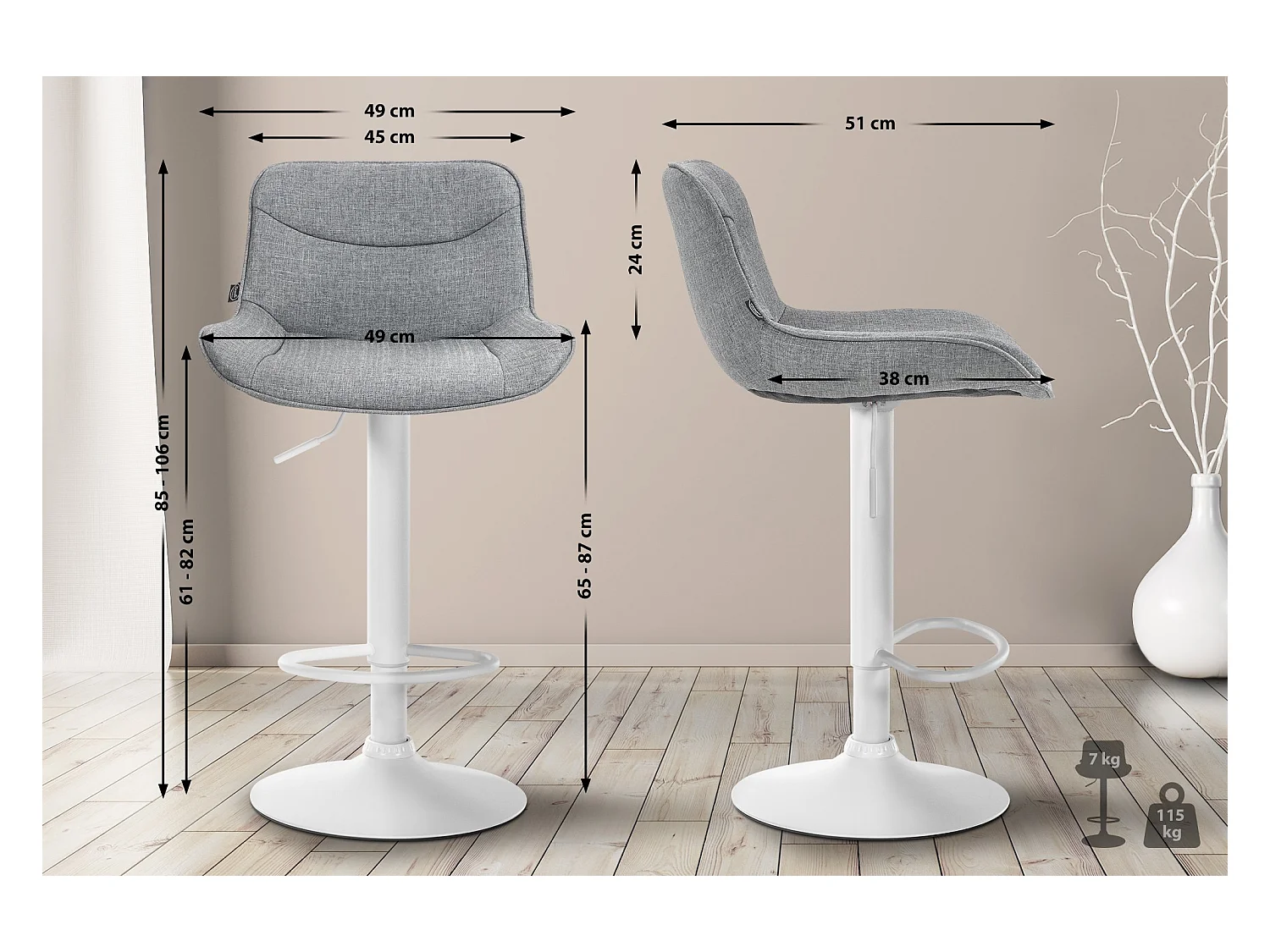 Tabouret de bar - Tissu & Blanc - Gris - Vonore