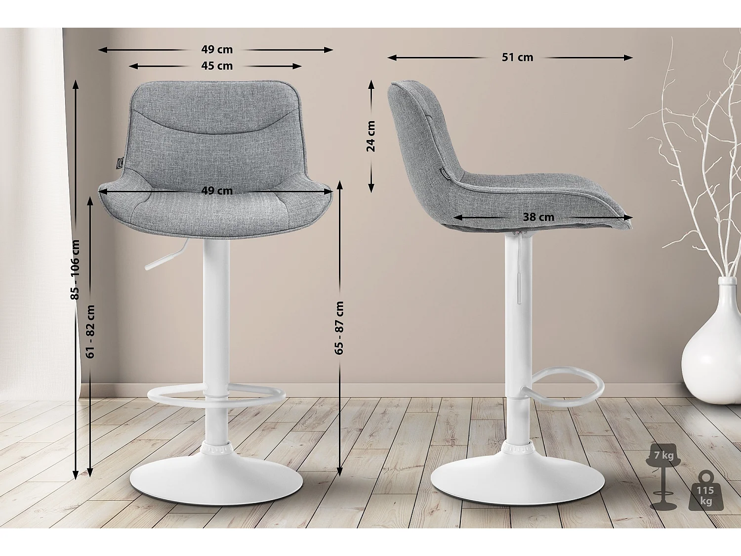 Tabouret de bar - Tissu & Blanc - Gris - Vonore