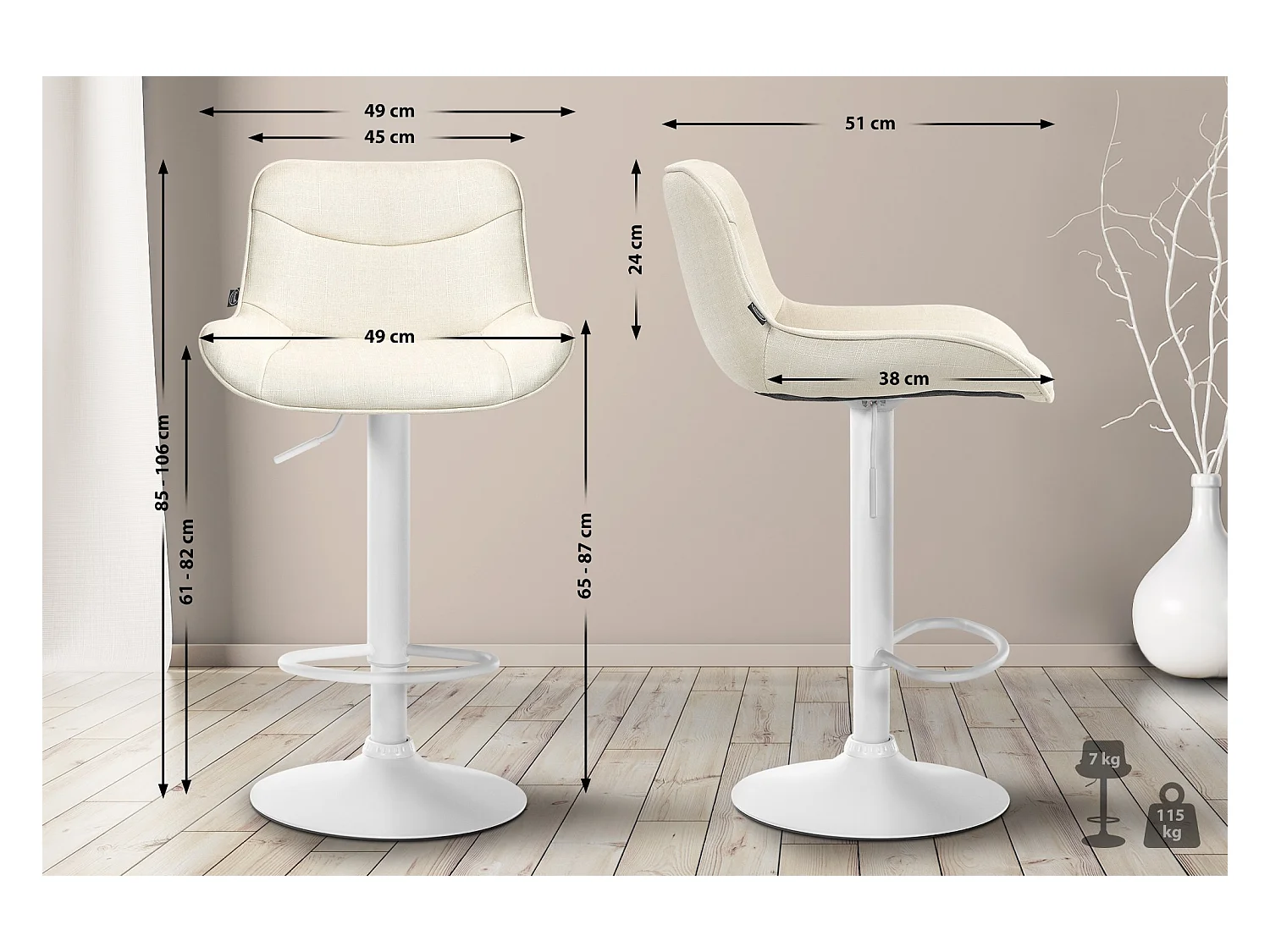 Lot de 2  Tabouret de bar - Tissu & Blanc - Crème - Vonore