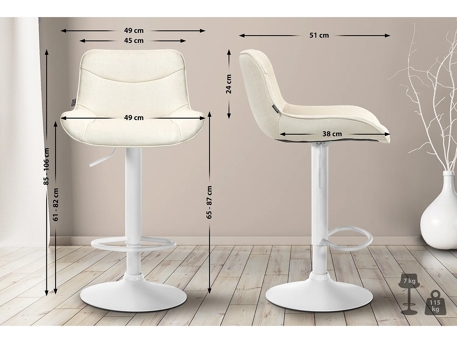 Lot de 2  Tabouret de bar - Tissu & Blanc - Crème - Vonore