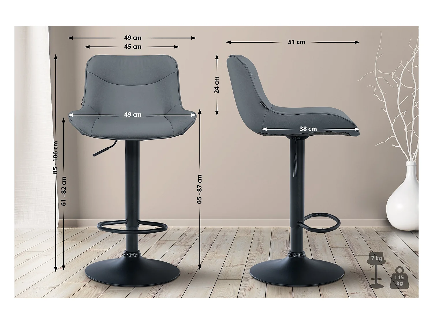 Lot de 2  Tabouret de bar - Similicuir & Noir - Gris - Vonore