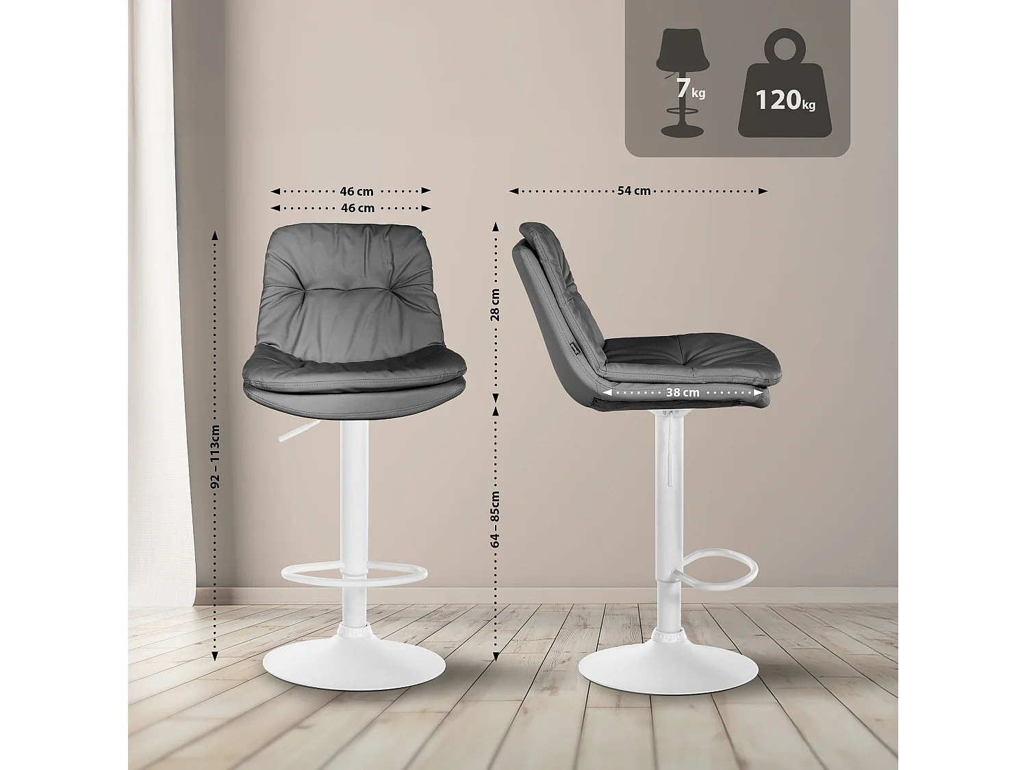 Tabouret de bar - Similicuir - Gris - Laurel