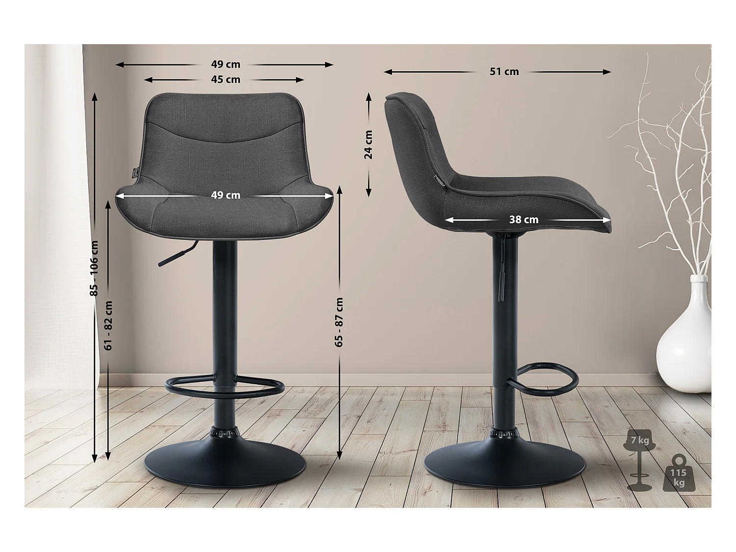 Lot de 2  Tabouret de bar - Tissu & Noir - Gris foncé - Vonore