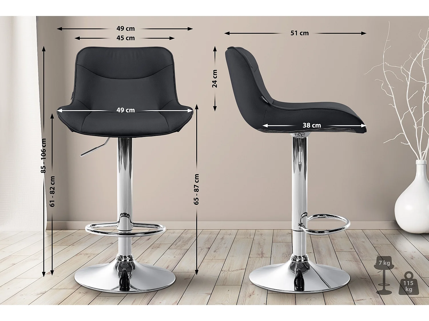 Lot de 2  Tabouret de bar - Similicuir & Chrome - Noir - Vonore