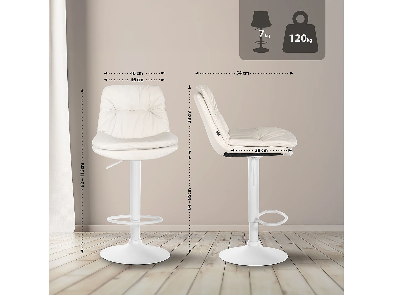 Tabouret de bar - Similicuir - Blanc - Laurel
