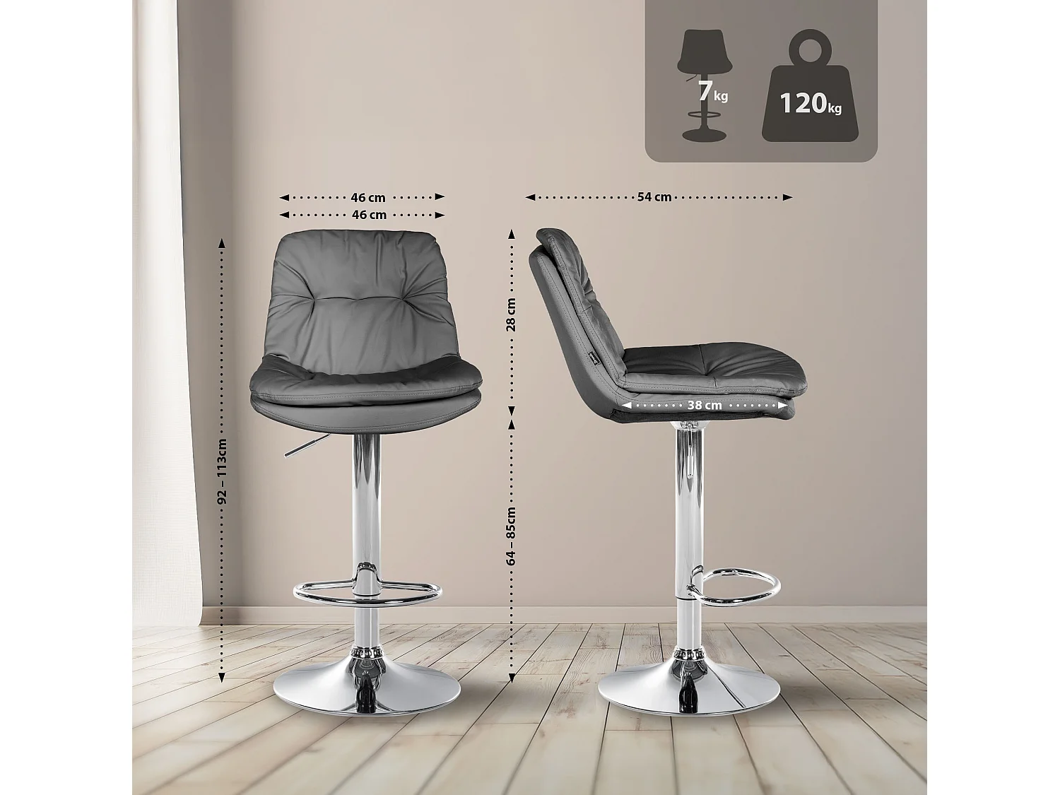 Tabouret de bar - Similicuir - Gris - Laurel