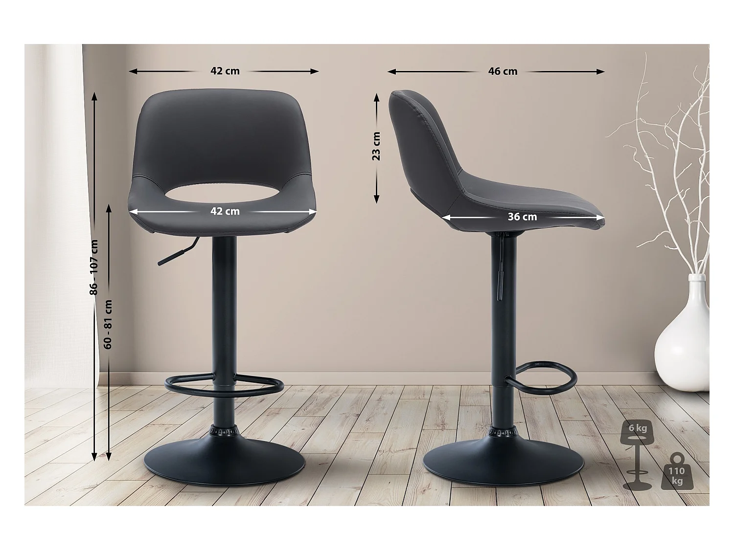 Lot de 2  Tabouret de bar - Similicuir - Noir - Camden
