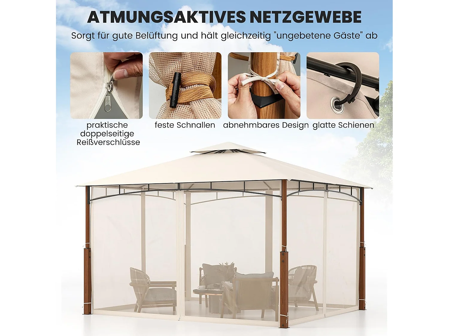 3,6 x 3 m paviljoen met dubbel dak en muggennet, waterdicht, stabiel, winterbestendig, partytent, tuinpaviljoen voor terras, tuin, achtertuin ZB33083
