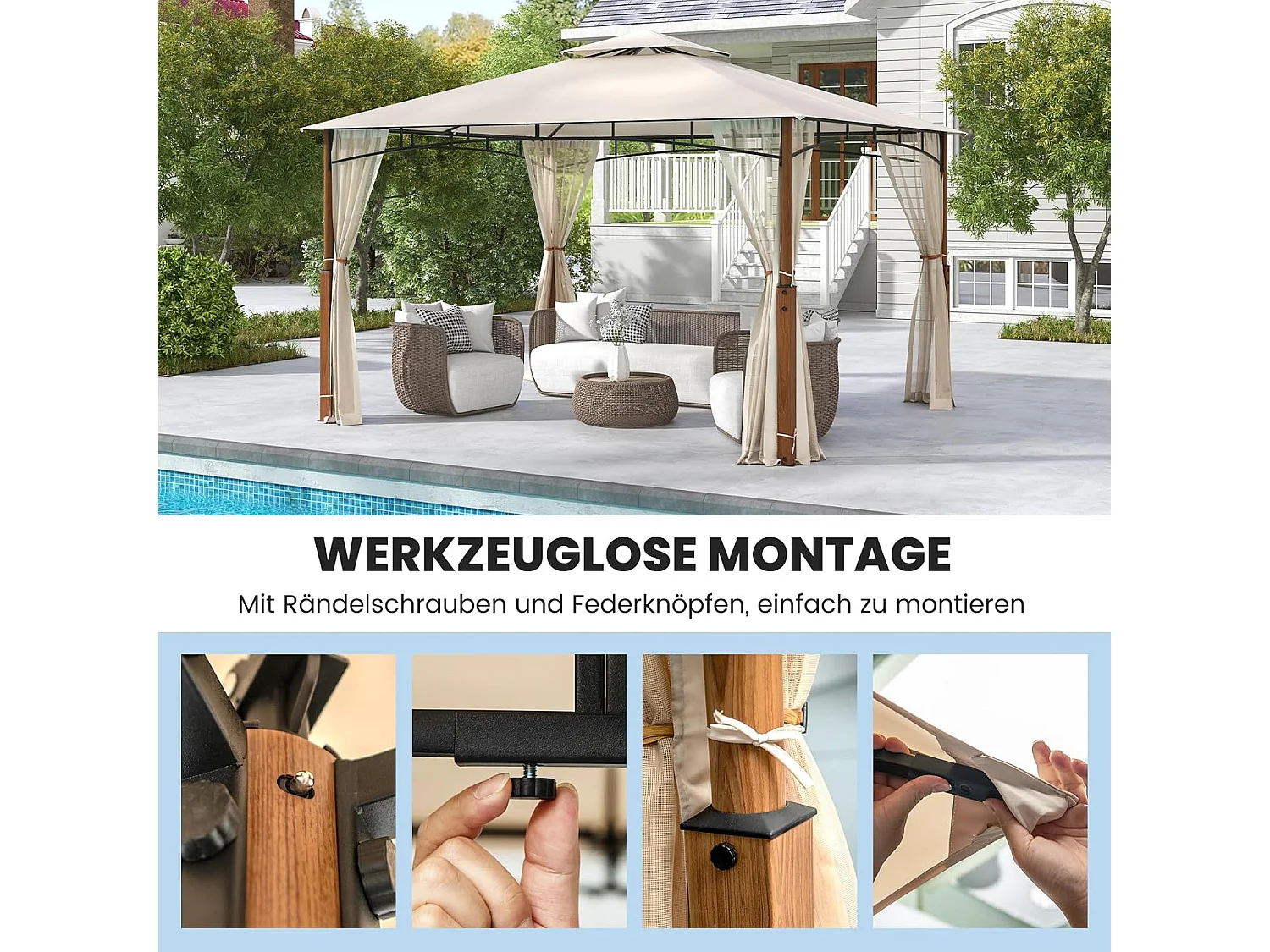 3,6 x 3 m paviljoen met dubbel dak en muggennet, waterdicht, stabiel, winterbestendig, partytent, tuinpaviljoen voor terras, tuin, achtertuin ZB33083