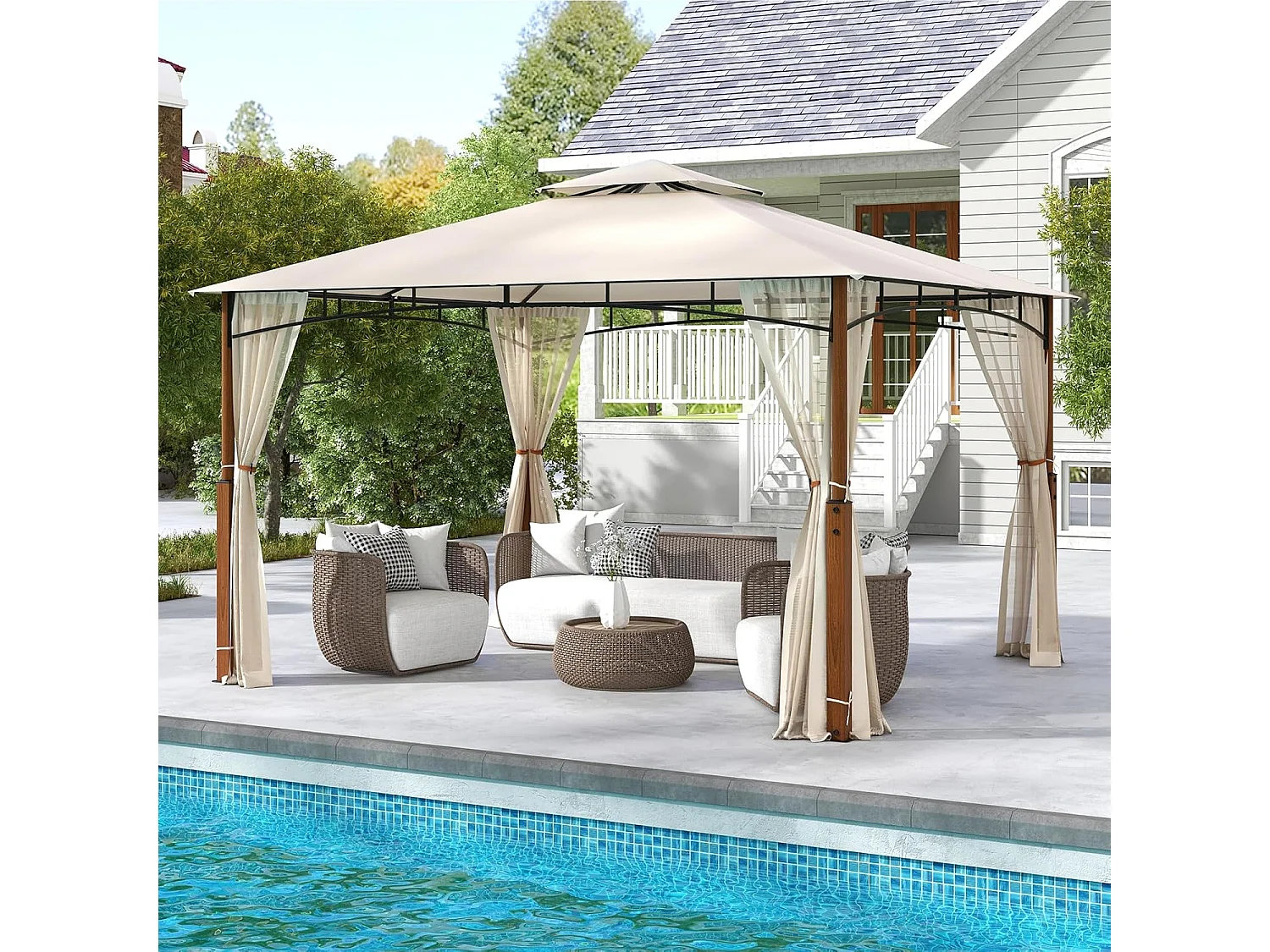 3,6 x 3 m paviljoen met dubbel dak en muggennet, waterdicht, stabiel, winterbestendig, partytent, tuinpaviljoen voor terras, tuin, achtertuin ZB33083