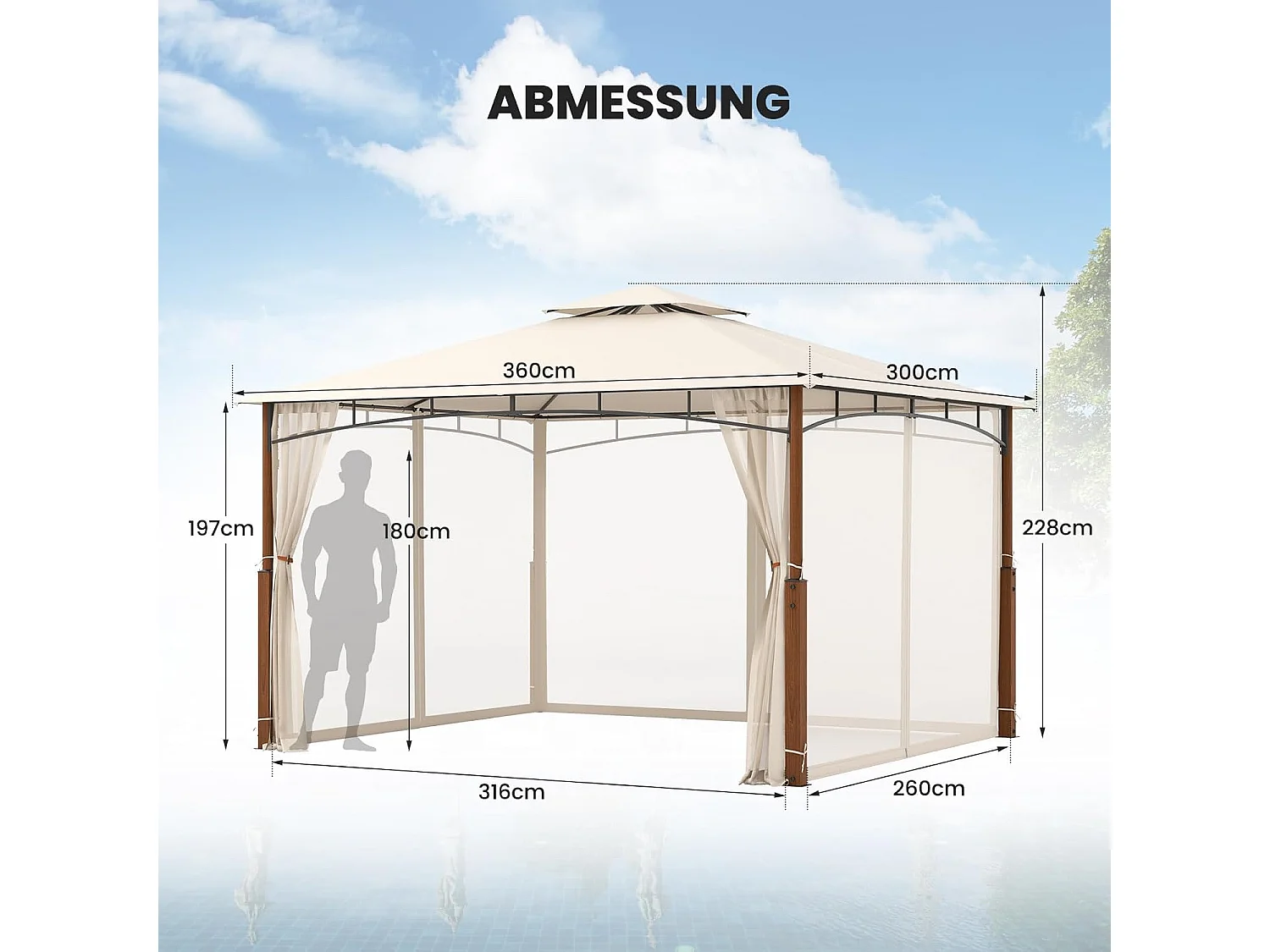 3,6 x 3 m paviljoen met dubbel dak en muggennet, waterdicht, stabiel, winterbestendig, partytent, tuinpaviljoen voor terras, tuin, achtertuin ZB33083