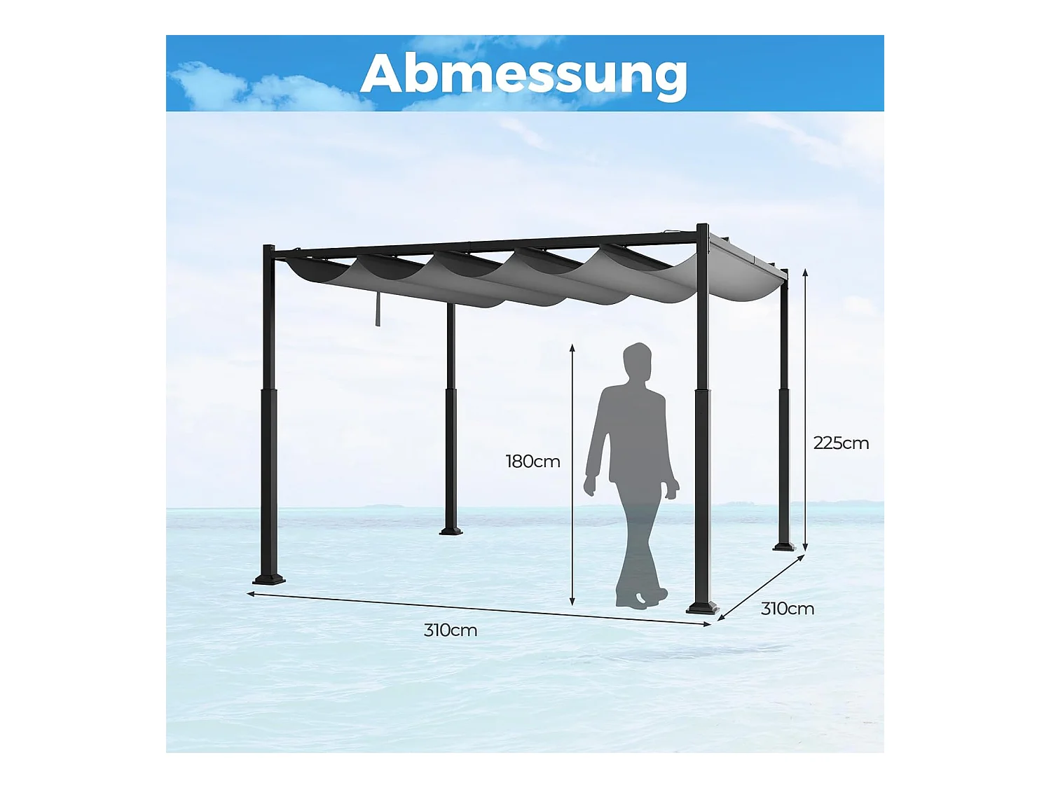Pergola met schuifdak, 3,1 x 3,1 m paviljoen, waterdicht, stabiel, winterbestendig, tuinpaviljoen met robuuste metalen zuilen voor terras, tuin, dek ZB33082