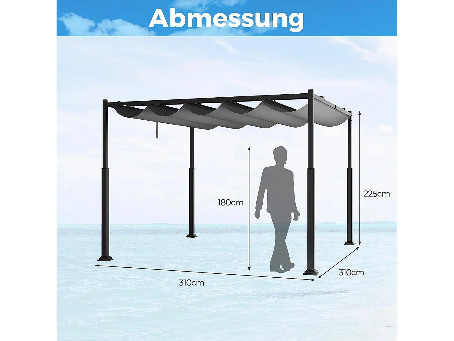 Pergola met schuifdak, 3,1 x 3,1 m paviljoen, waterdicht, stabiel, winterbestendig, tuinpaviljoen met robuuste metalen zuilen voor terras, tuin, dek ZB33082