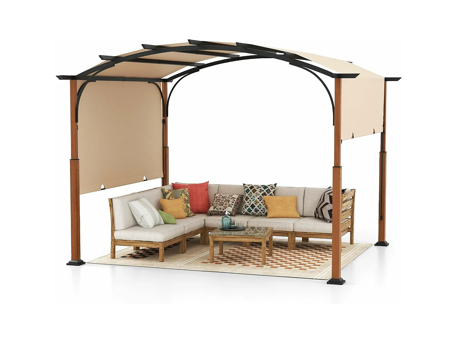 Pergola met uittrekbaar dak, 3,6 x 3 m paviljoen, waterdicht, stabiel, winterbestendig, tuinpaviljoen met robuuste metalen zuilen (beige)ZB33071
