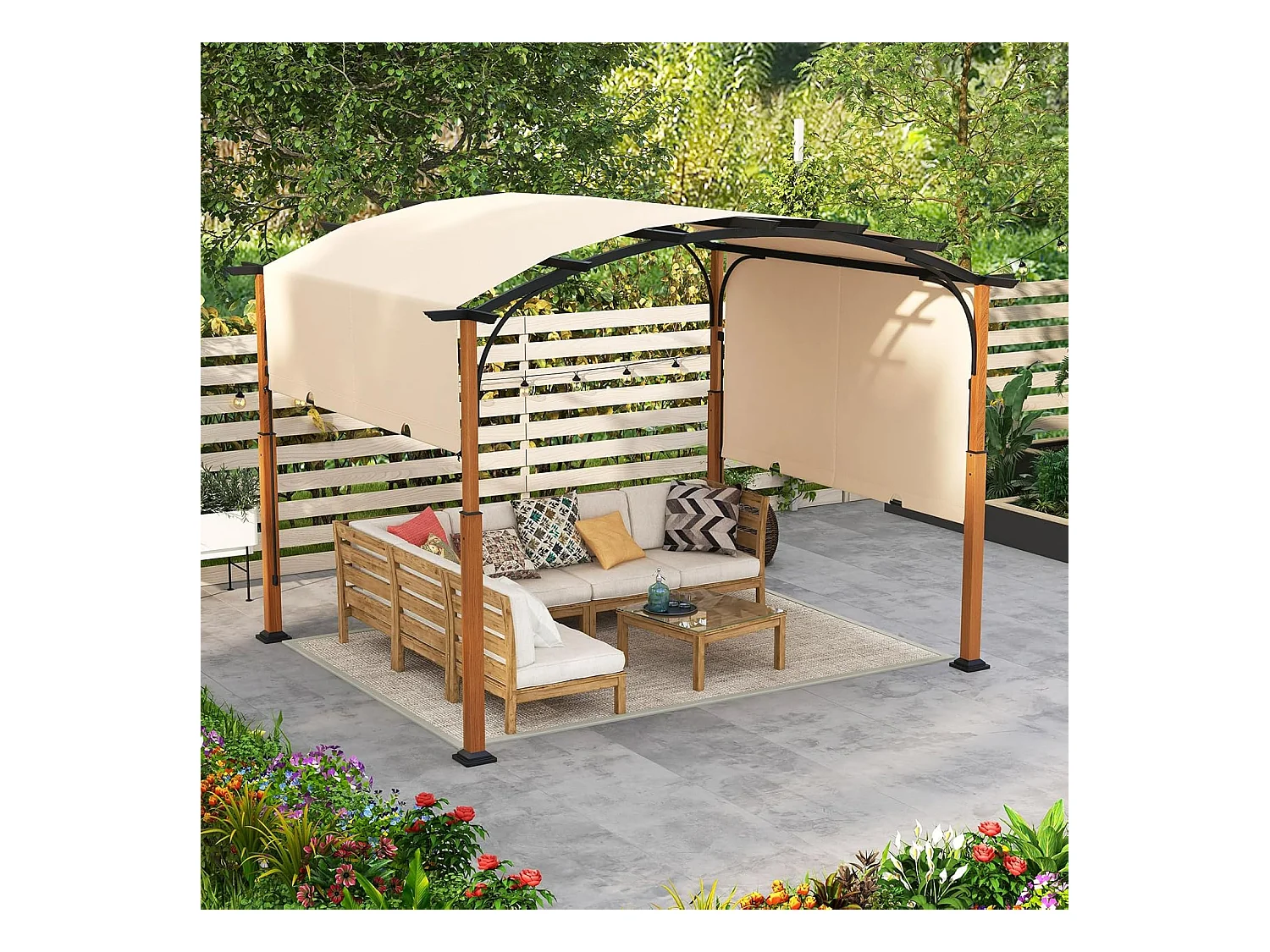 Pergola met uittrekbaar dak, 3,6 x 3 m paviljoen, waterdicht, stabiel, winterbestendig, tuinpaviljoen met robuuste metalen zuilen (beige)ZB33071
