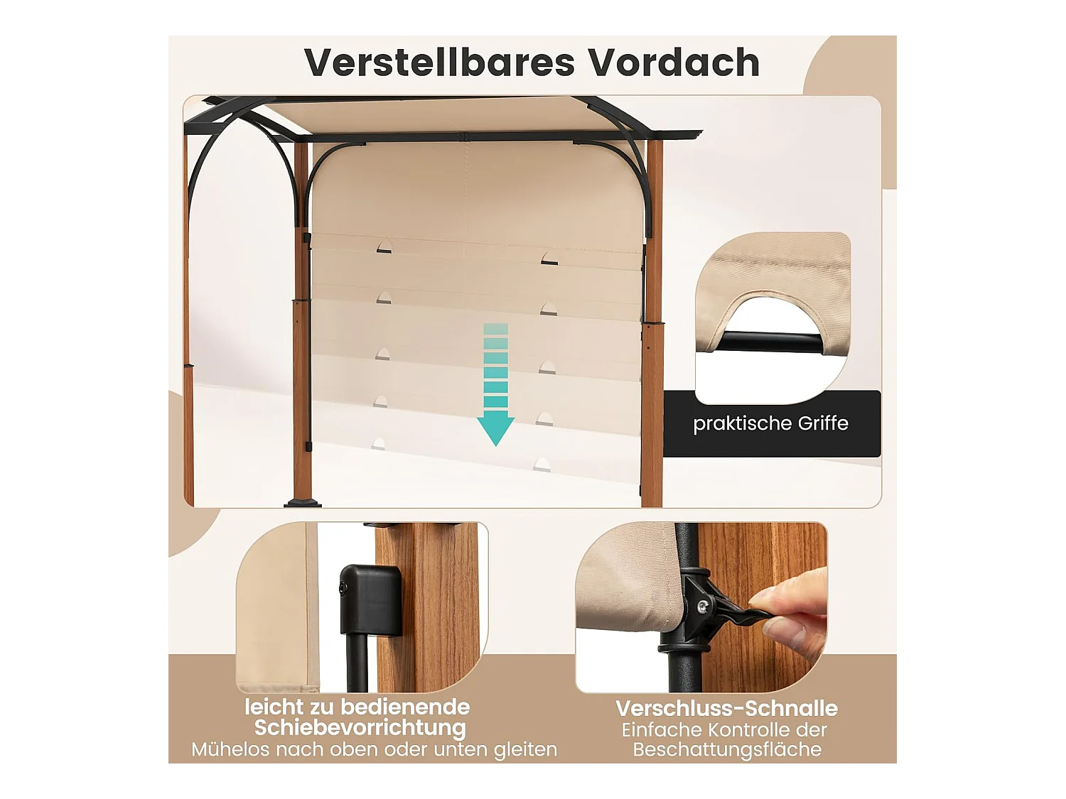 Pergola met uittrekbaar dak, 3,6 x 3 m paviljoen, waterdicht, stabiel, winterbestendig, tuinpaviljoen met robuuste metalen zuilen (beige)ZB33071