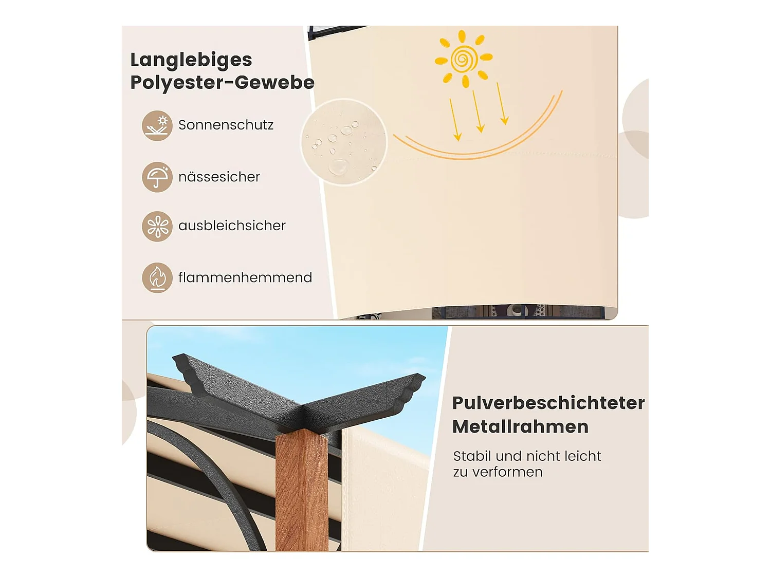 Pergola met uittrekbaar dak, 3,6 x 3 m paviljoen, waterdicht, stabiel, winterbestendig, tuinpaviljoen met robuuste metalen zuilen (beige)ZB33071