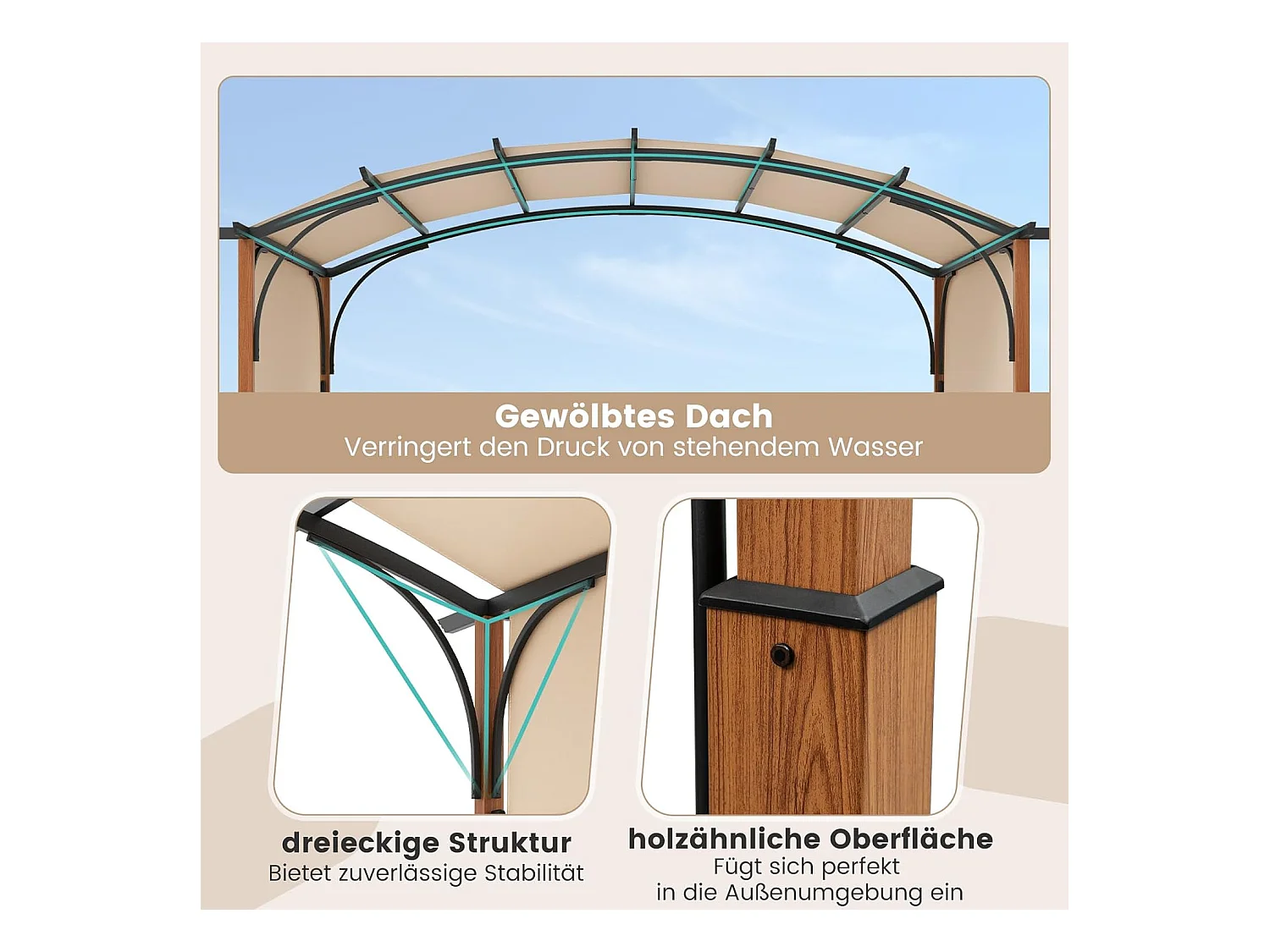 Pergola met uittrekbaar dak, 3,6 x 3 m paviljoen, waterdicht, stabiel, winterbestendig, tuinpaviljoen met robuuste metalen zuilen (beige)ZB33071