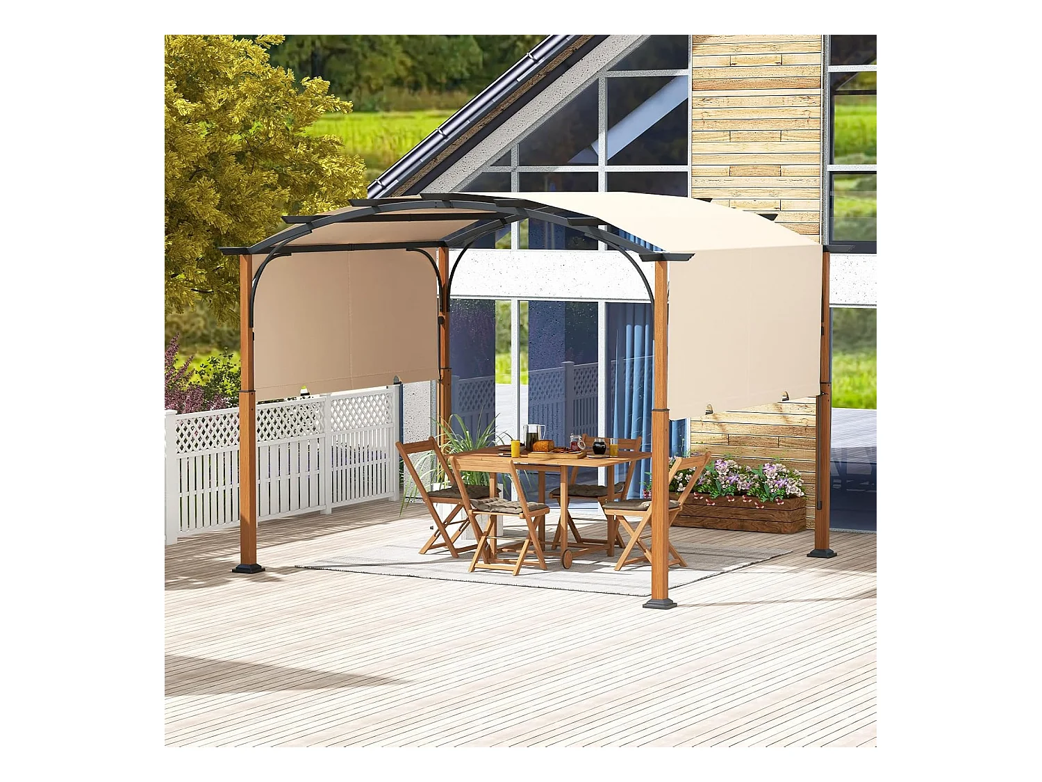 Pergola met uittrekbaar dak, 3,6 x 3 m paviljoen, waterdicht, stabiel, winterbestendig, tuinpaviljoen met robuuste metalen zuilen (beige)ZB33071