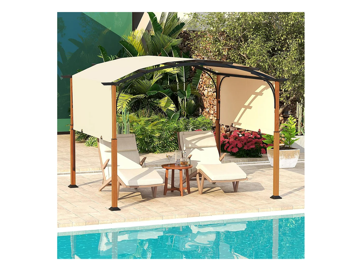 Pergola met uittrekbaar dak, 3,6 x 3 m paviljoen, waterdicht, stabiel, winterbestendig, tuinpaviljoen met robuuste metalen zuilen (beige)ZB33071