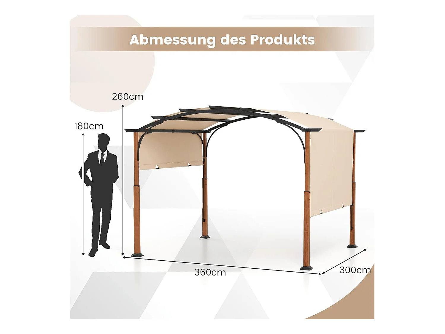 Pergola met uittrekbaar dak, 3,6 x 3 m paviljoen, waterdicht, stabiel, winterbestendig, tuinpaviljoen met robuuste metalen zuilen (beige)ZB33071