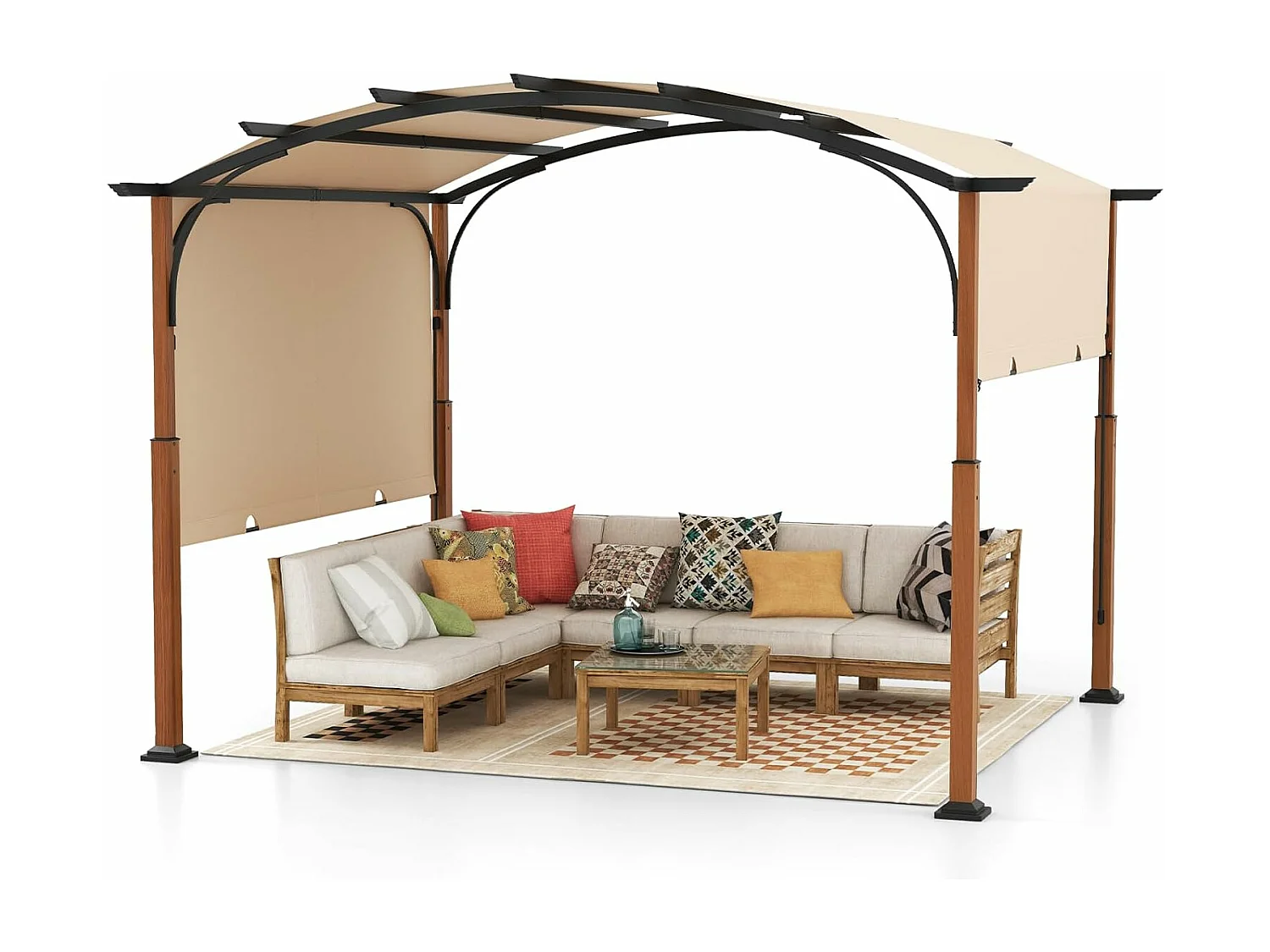 Pergola met uittrekbaar dak, 3,6 x 3 m paviljoen, waterdicht, stabiel, winterbestendig, tuinpaviljoen met robuuste metalen zuilen (beige)ZB33071
